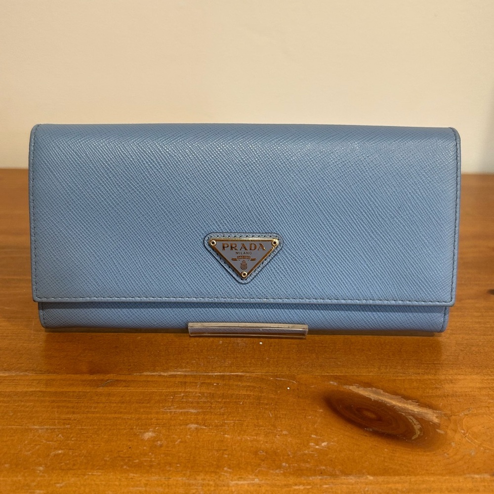 Prada blue saffiano leather large wallet